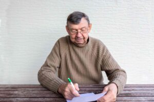 Portrait of elderly man sitting at a table with pen and piece of paper. 